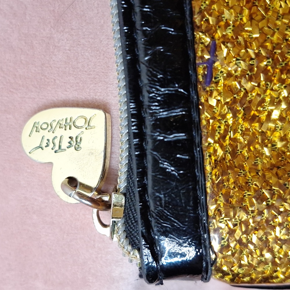 Gold Glitter Clutch Bag Y2K Glam Betsey Johnson Sparkly Zip Pouch Evening Party - Picture 5 of 10